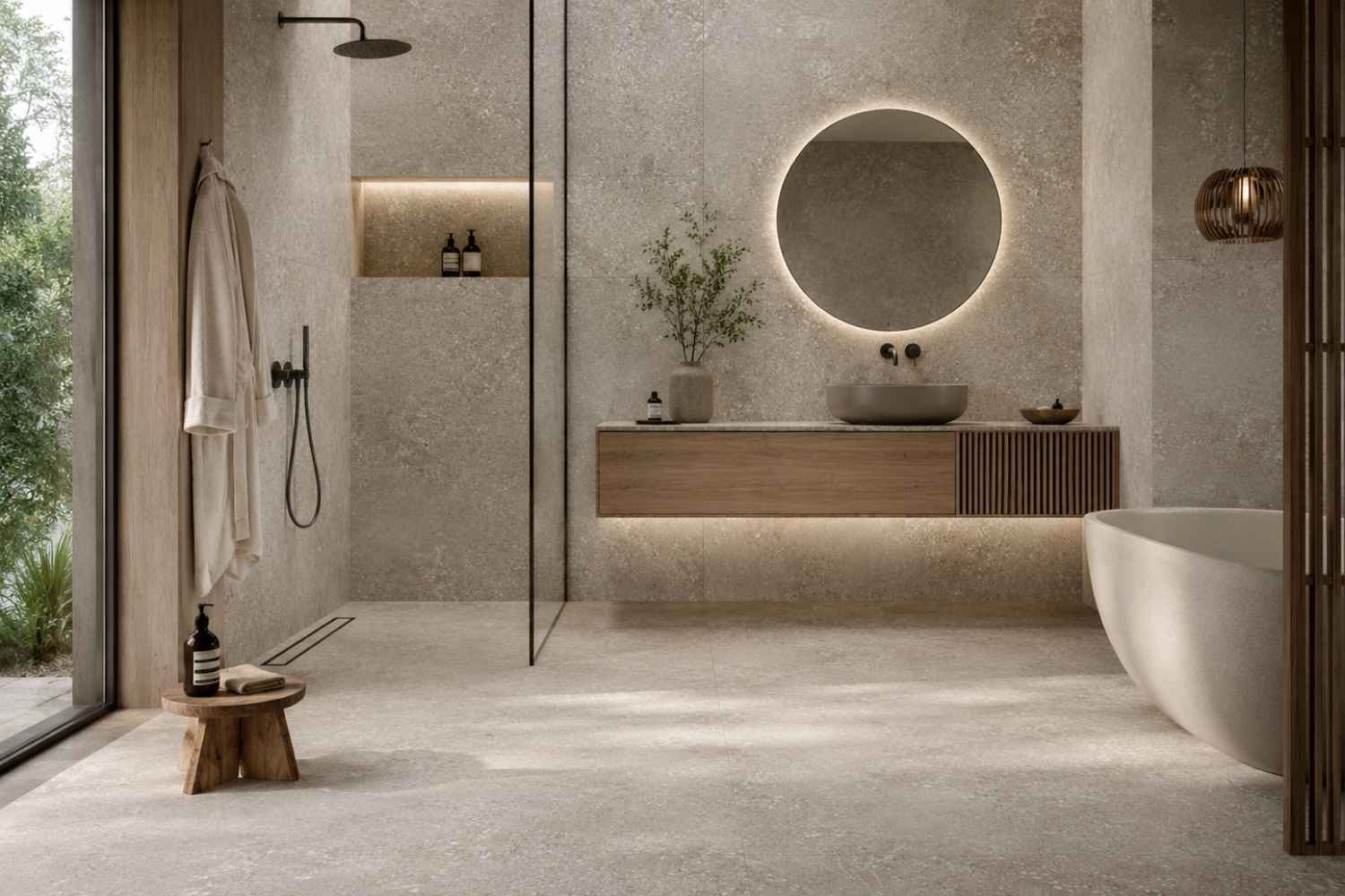 Großformatige Steinoptik Fliese Habitat Taupe 120x120 cm im modernen Badezimmer