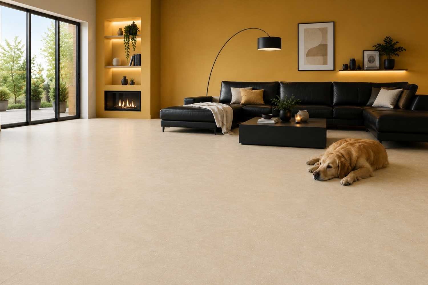 Kora Cream matt in heller Beige Steinoptik im modernen Wohnzimmer