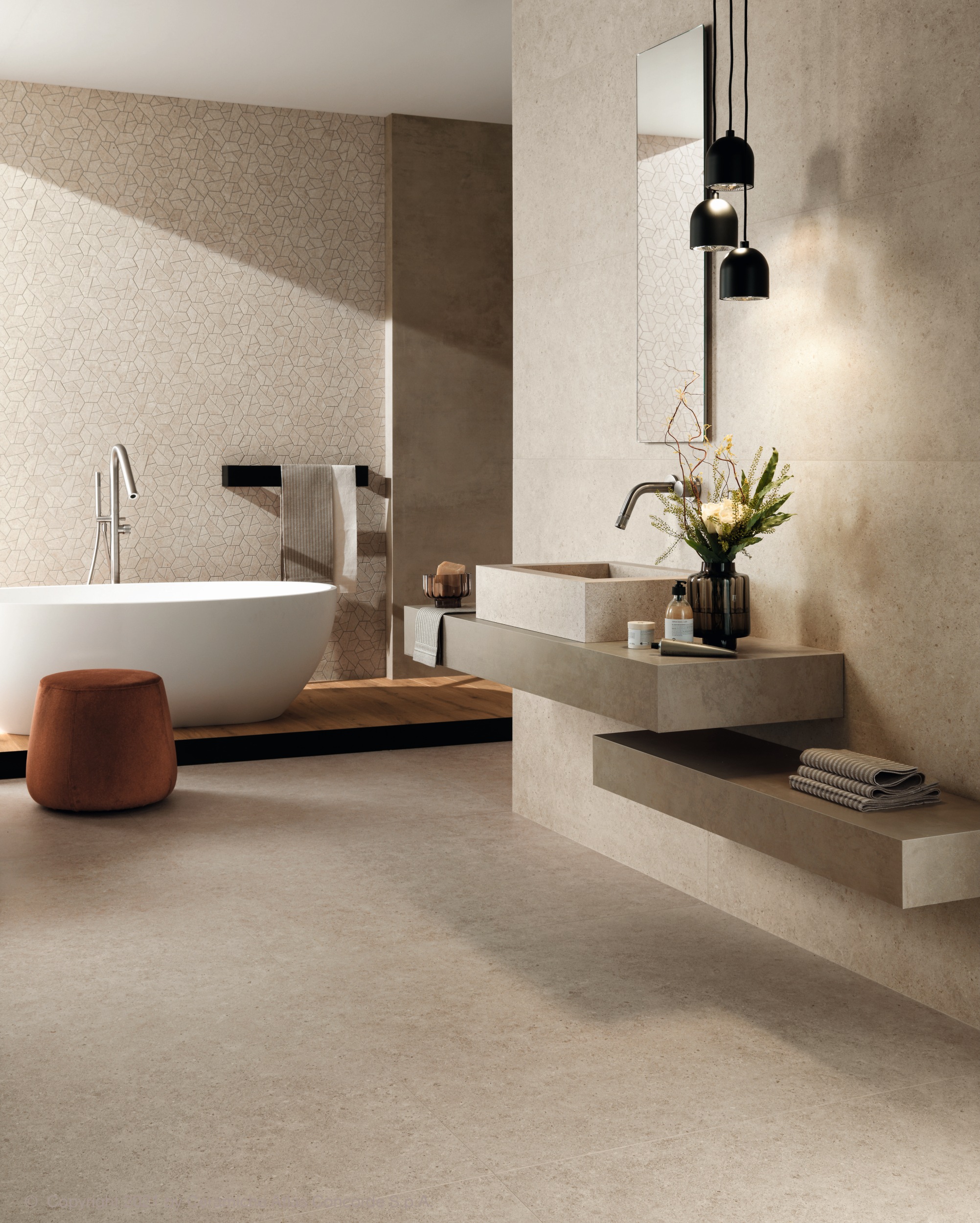 Fliese Steinoptik Atlas Concorde Boost Stone Ivory creme beige im Badezimmer