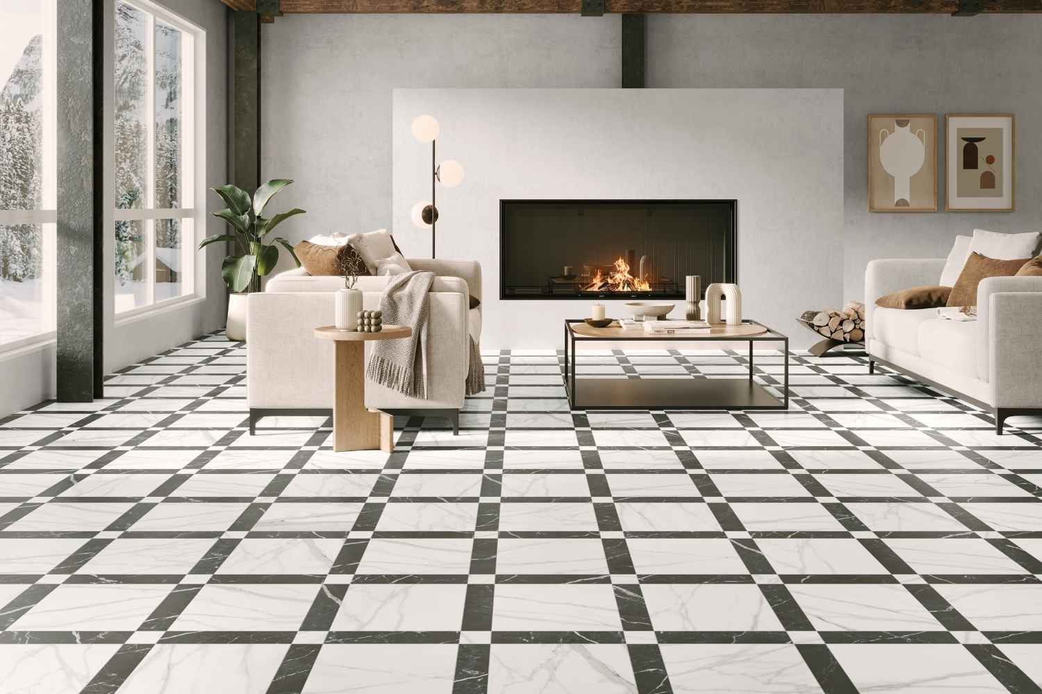 Marmoroptik mit Rahmen schwarz-weiß 44,2x44,2cm "Grace Nero" Feinsteinzeug rektifiziert