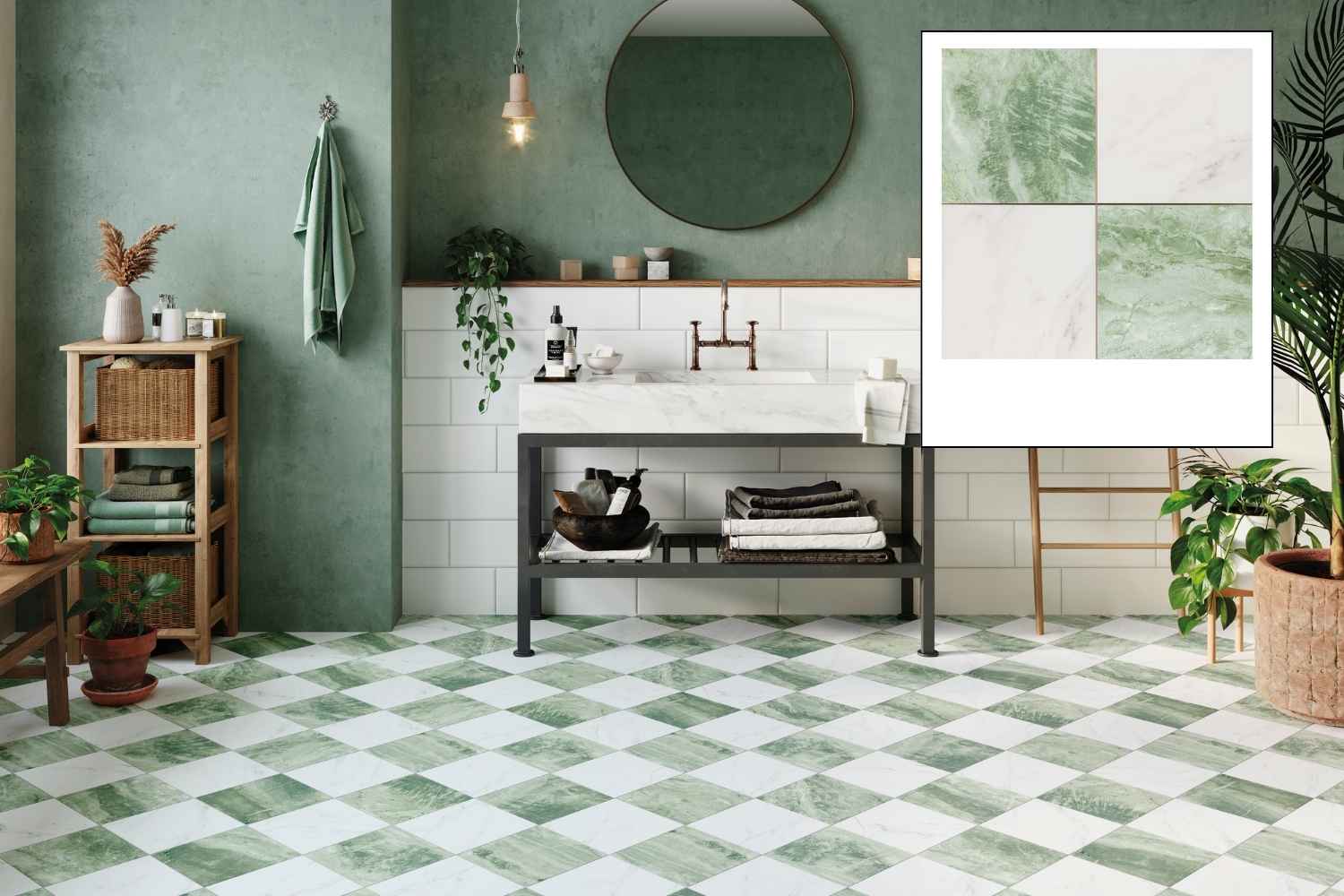 Fliese Marmor-Optik grün-weiß matt 44,2x44,2cm "Chess Jungle" Feinsteinzeug rektifiziert