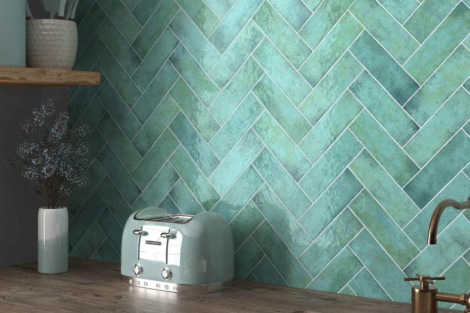 Fliese unregelmäßige Oberfläche 6,5x20 cm "Alfa Look Turquesa" türkis glänzend