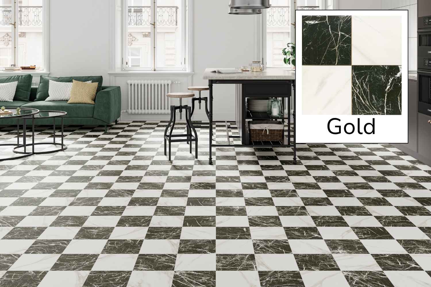 Fliese Marmor-Optik schwarz-weiß gold matt 44,2x44,2cm "Chess Marquina Gold" Feinsteinzeug rektifiziert