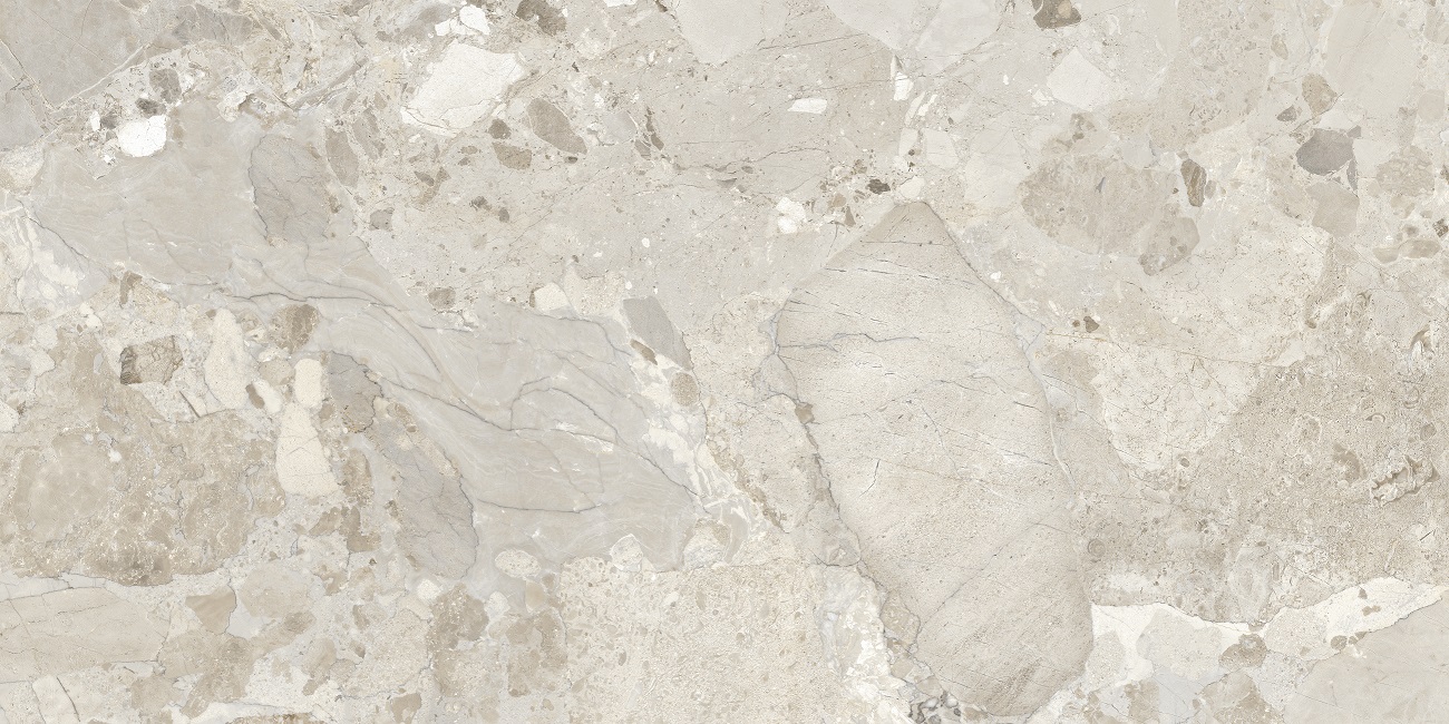 Terrazzo-Fliese grau matt 60x120 cm "Dozza Stone Greige" moderne Terrazzo-Steinoptik rektifiziert