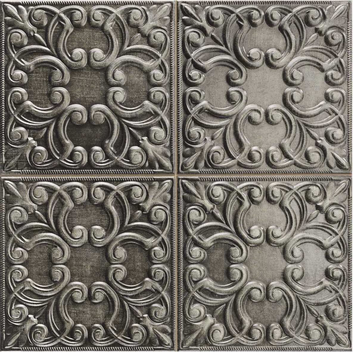 Antike Wandfliese Kachelofen-Fliese grau 44,2x44,2cm "Tin Tile Iron" Vintage orientalisch metallisch schimmernd