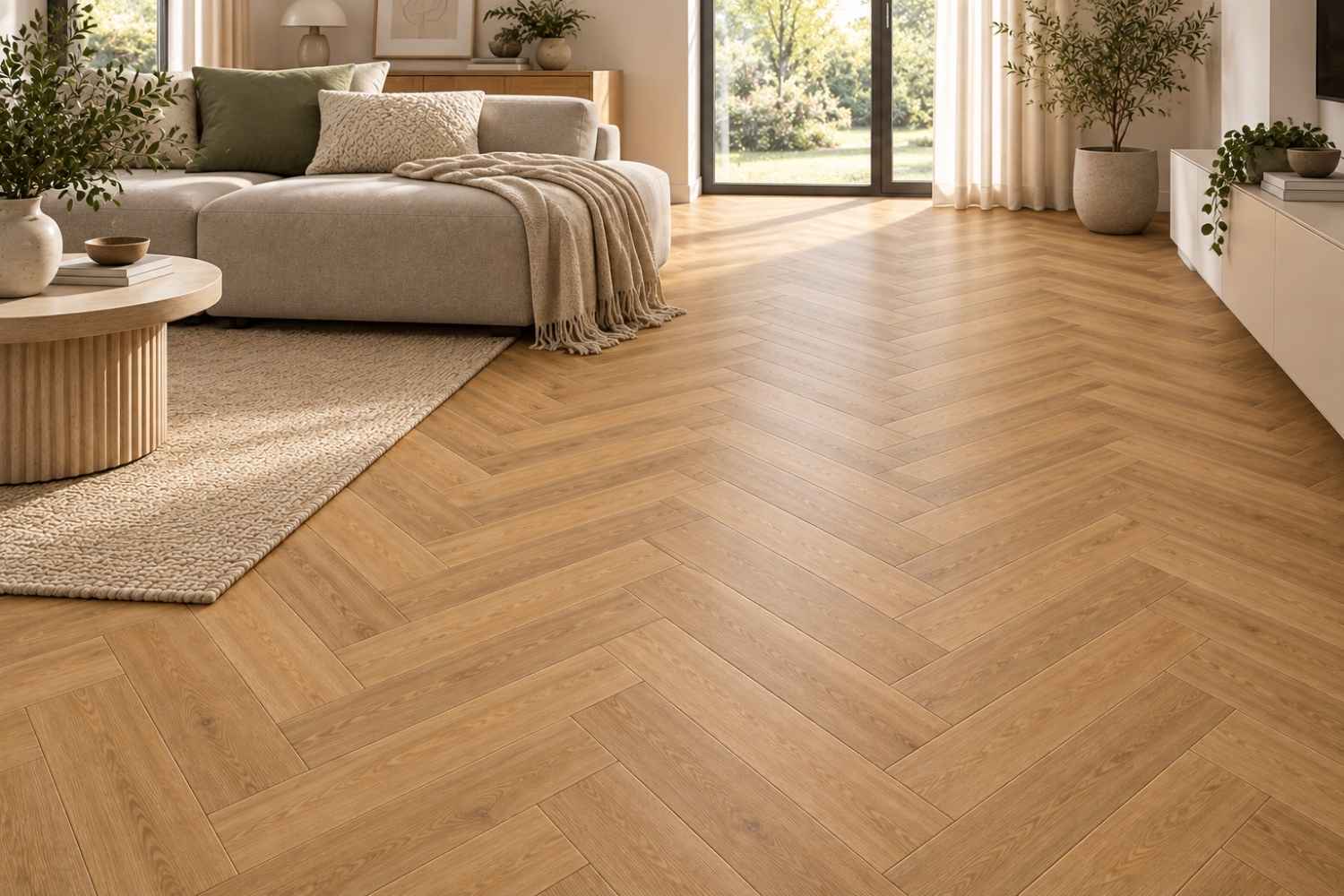 SPC Klick-Vinyl "Landhaus Herringbone" Eiche warm Fischgrät 15x75x0,65 cm matt mit Trittschalldämmung
