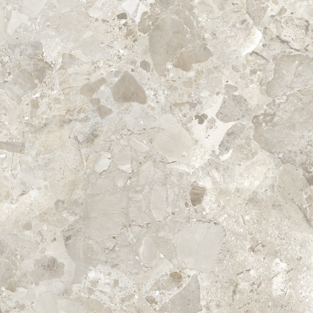Terrazzo-Fliese grau matt 100x100 cm "Dozza Stone Greige" moderne Terrazzo-Steinoptik rektifiziert