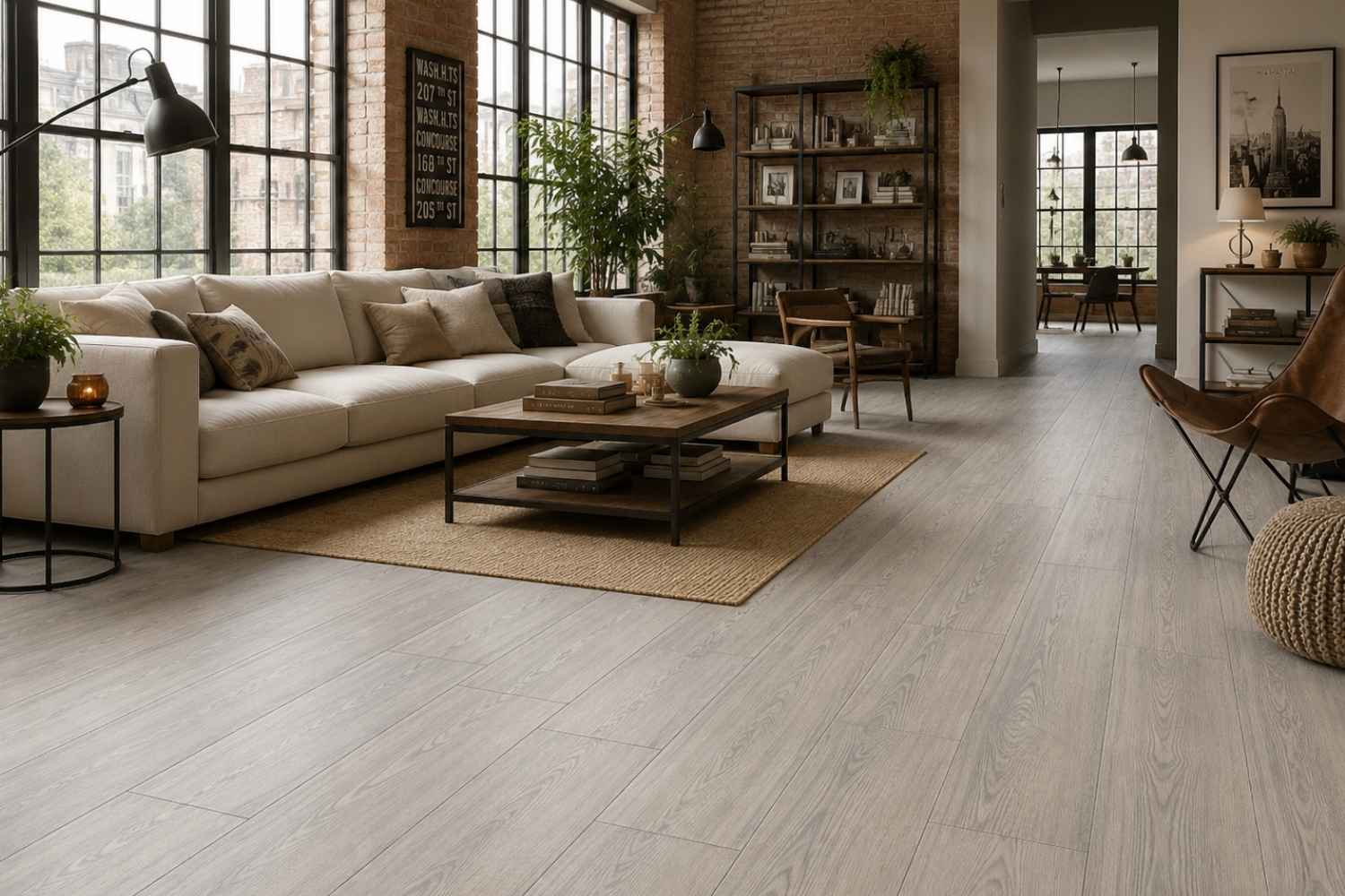Modernes Wohnzimmer mit Chestnut Nussbraun 20x120 cm in matter Holzoptik auf dem Boden