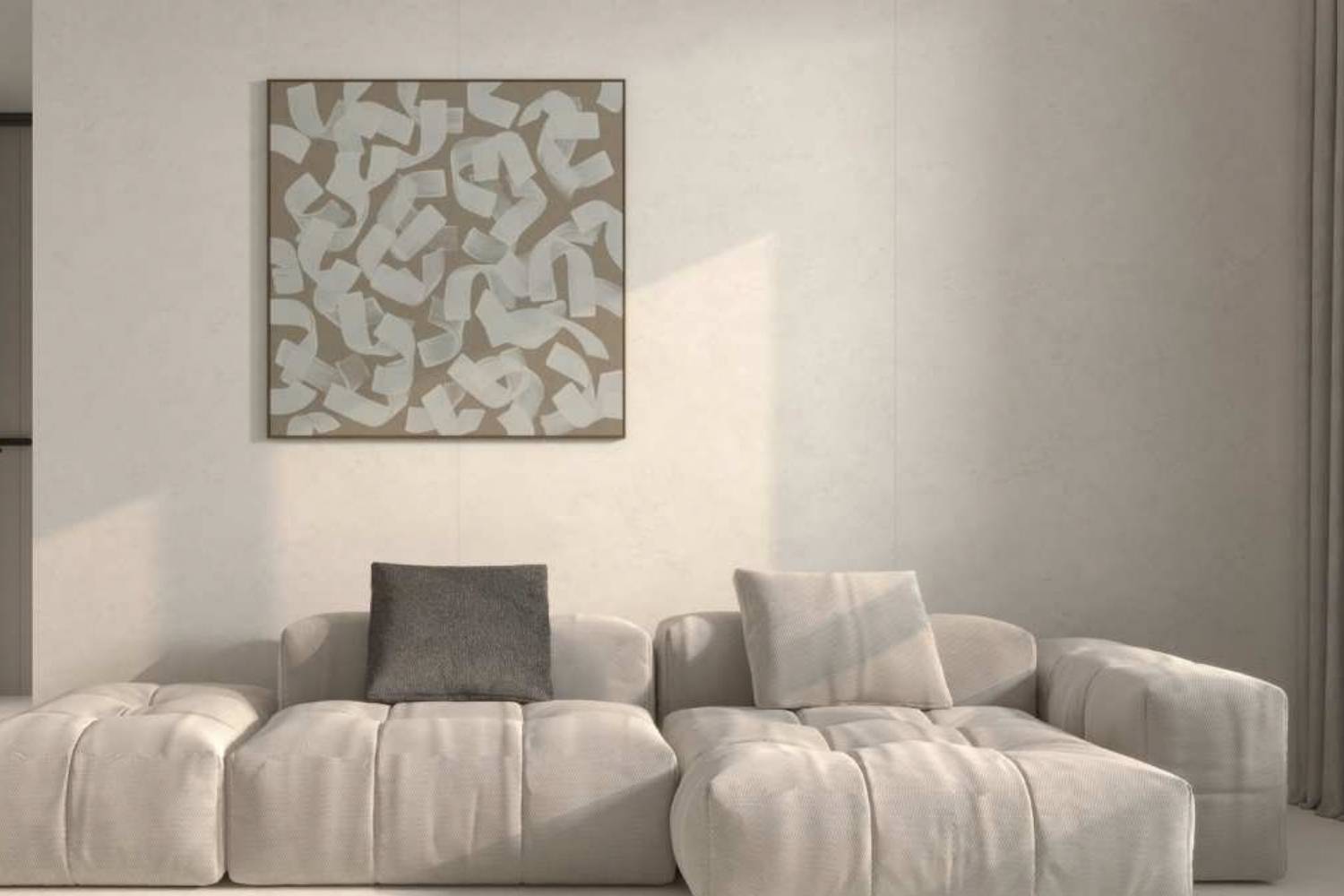 SPC Wandpaneele Limestone Blanco in cremeweißer Steinoptik mit dezenter Struktur und sichtbaren Paneelfugen hinter einem beigen Sofa mit abstraktem Wandbild.