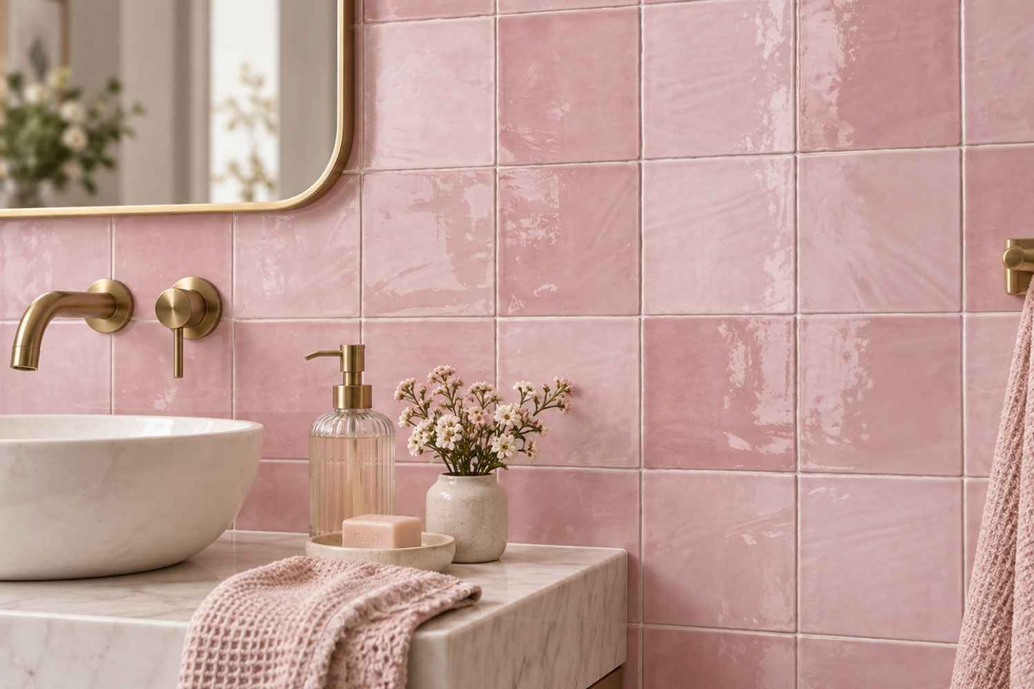 Zellige Wandfliese 15x15 cm "Marrakesh Glow Rosa" rosa glänzend