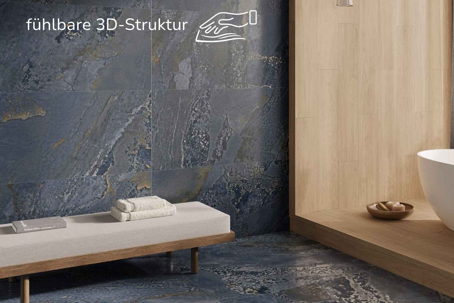 Fliese Metalloptik blau matt 60x120cm "Planet Blue" Feinsteinzeug rektifiziert - mit fühlbarer 3D-Struktur