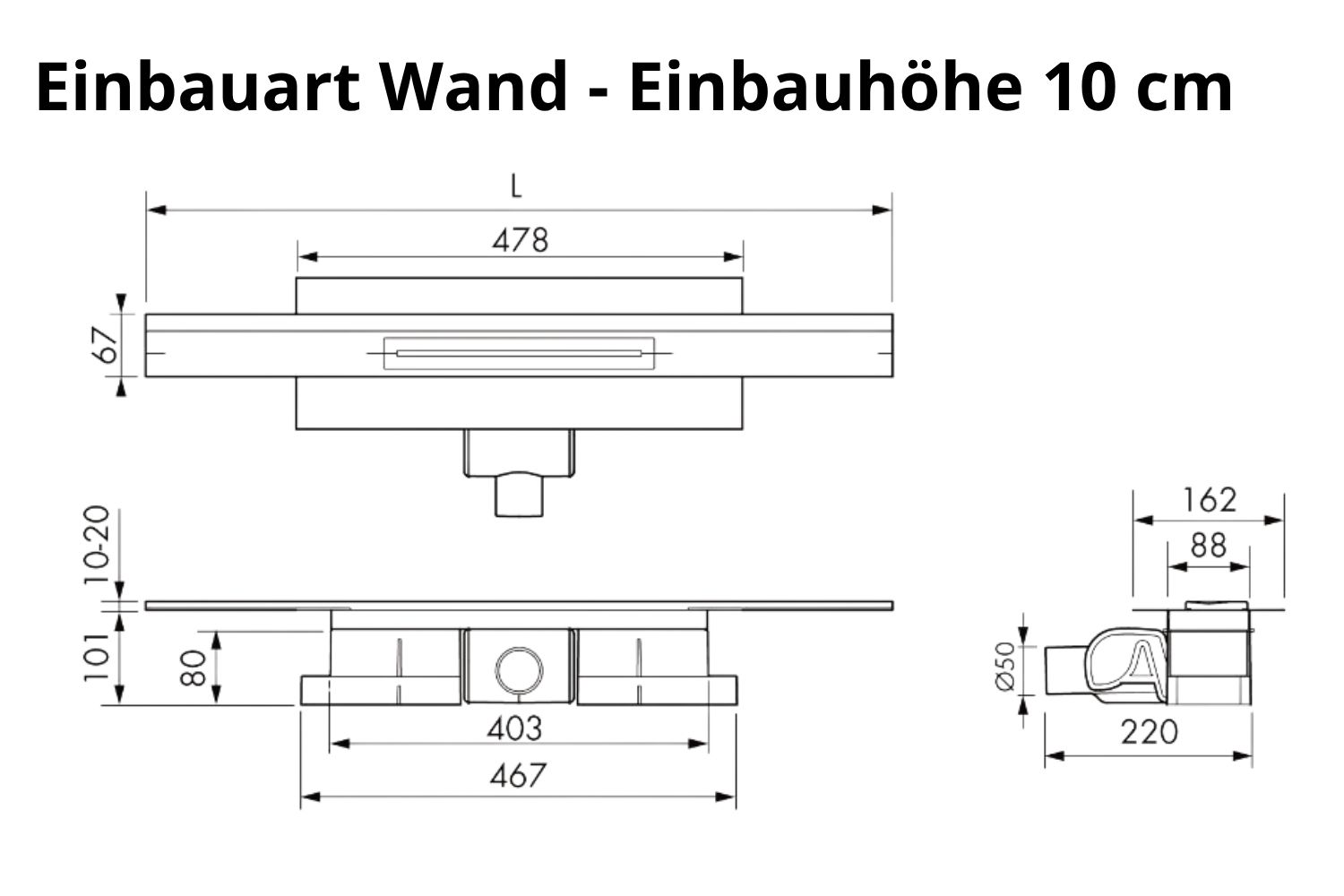 Kürzbare Duschrinne schwarz pulverbeschichtet „V-Shower Wand“ Komplettset Einbauhöhe 10cm  | Länge 100cm