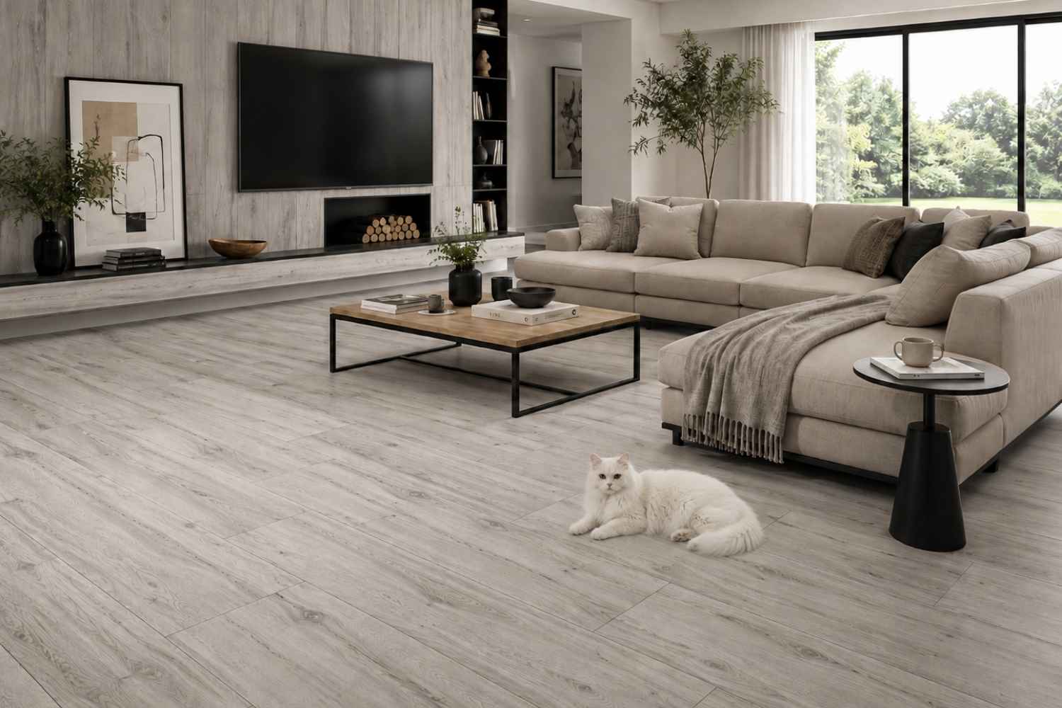 Sagano Grau matt 20x120 cm in grauer Holzoptik im modernen Wohnzimmer mit weißer Katze