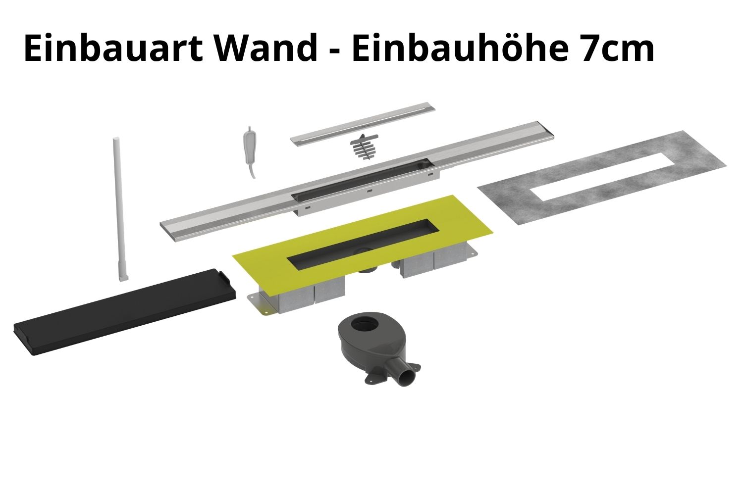 Kürzbare Duschrinne Edelstahl gebürstet natur „V-Shower Wand“ Komplettset Einbauhöhe 7cm  | Länge 100cm