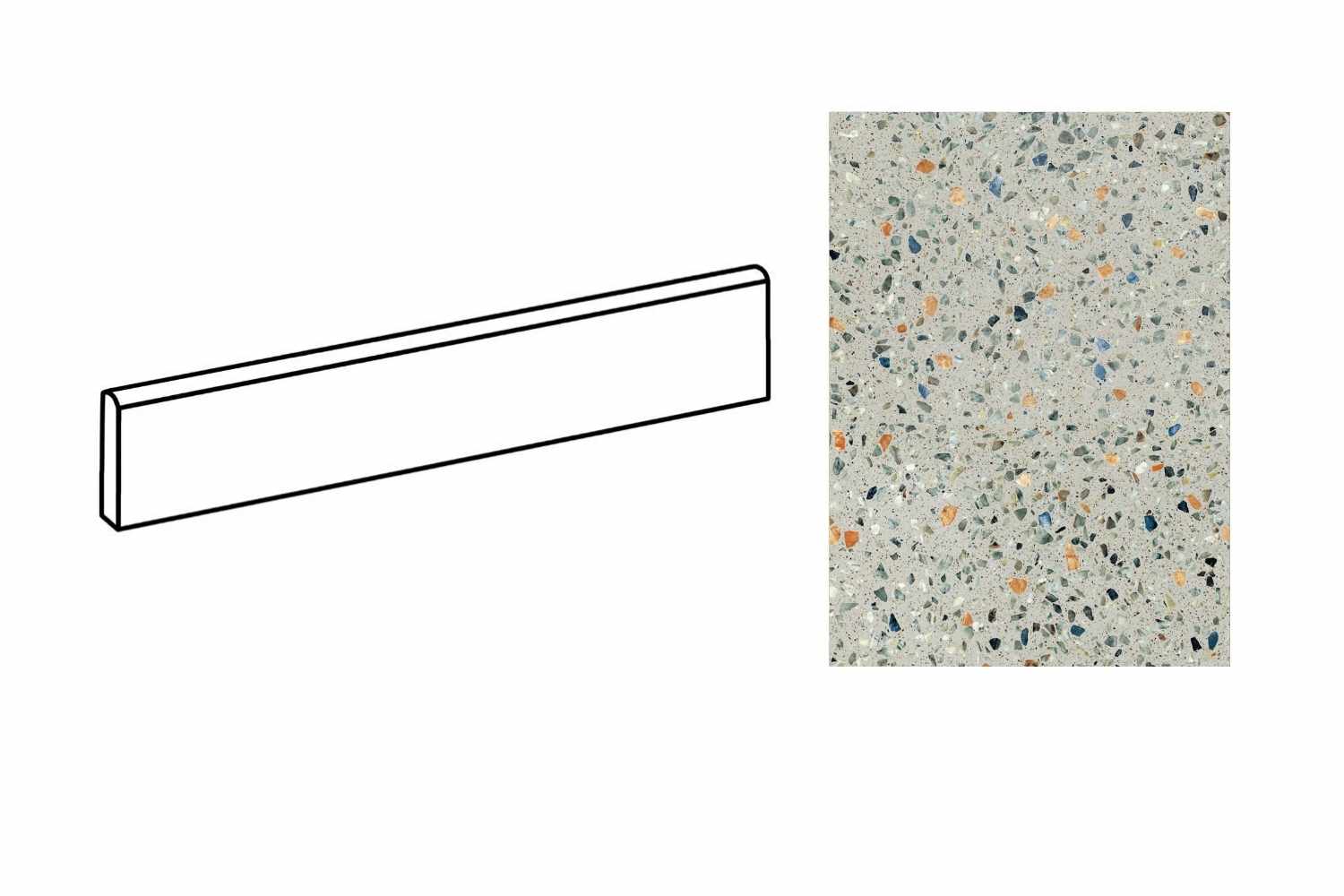 Sant Agostino Glow Plus Sage Fliesensockel passend zur gleichnamigen Fliesenserie, in heller Terrazzo-Optik mit grünen, blauen und warmen Steinfragmenten