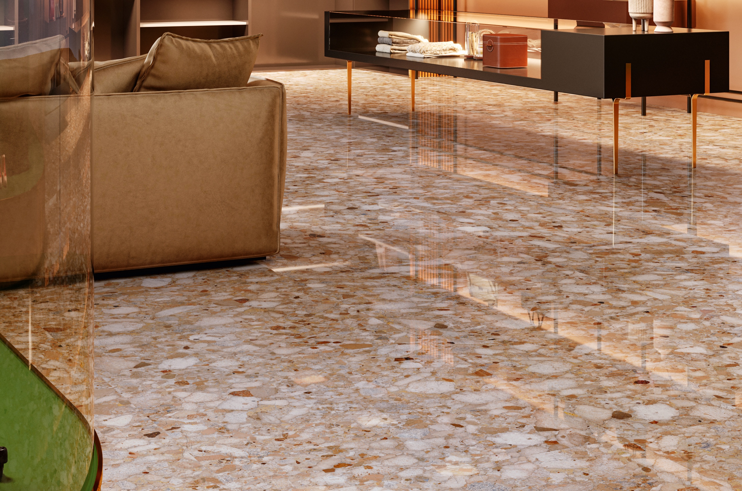 Terrazzo-Fliese große Steinoptik Veni Gold beige glänzend Bodenfliesen Wandfliesen Luxus