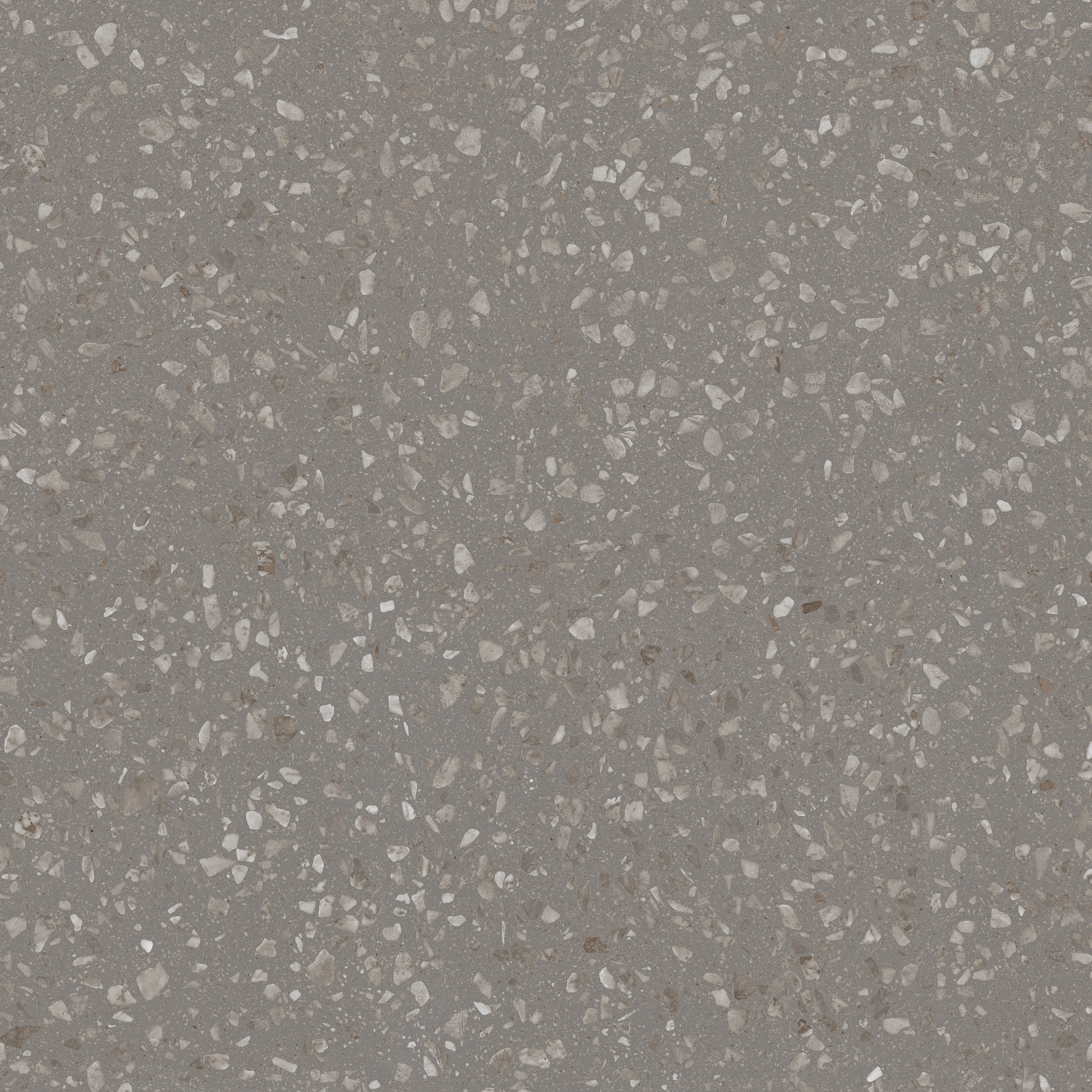 Freisteller der Sant Agostino Glow Grey im Format 120x120 cm mit grauem Grundton und feiner Terrazzo-Optik aus hellen und graubeigen Gesteinssplittern