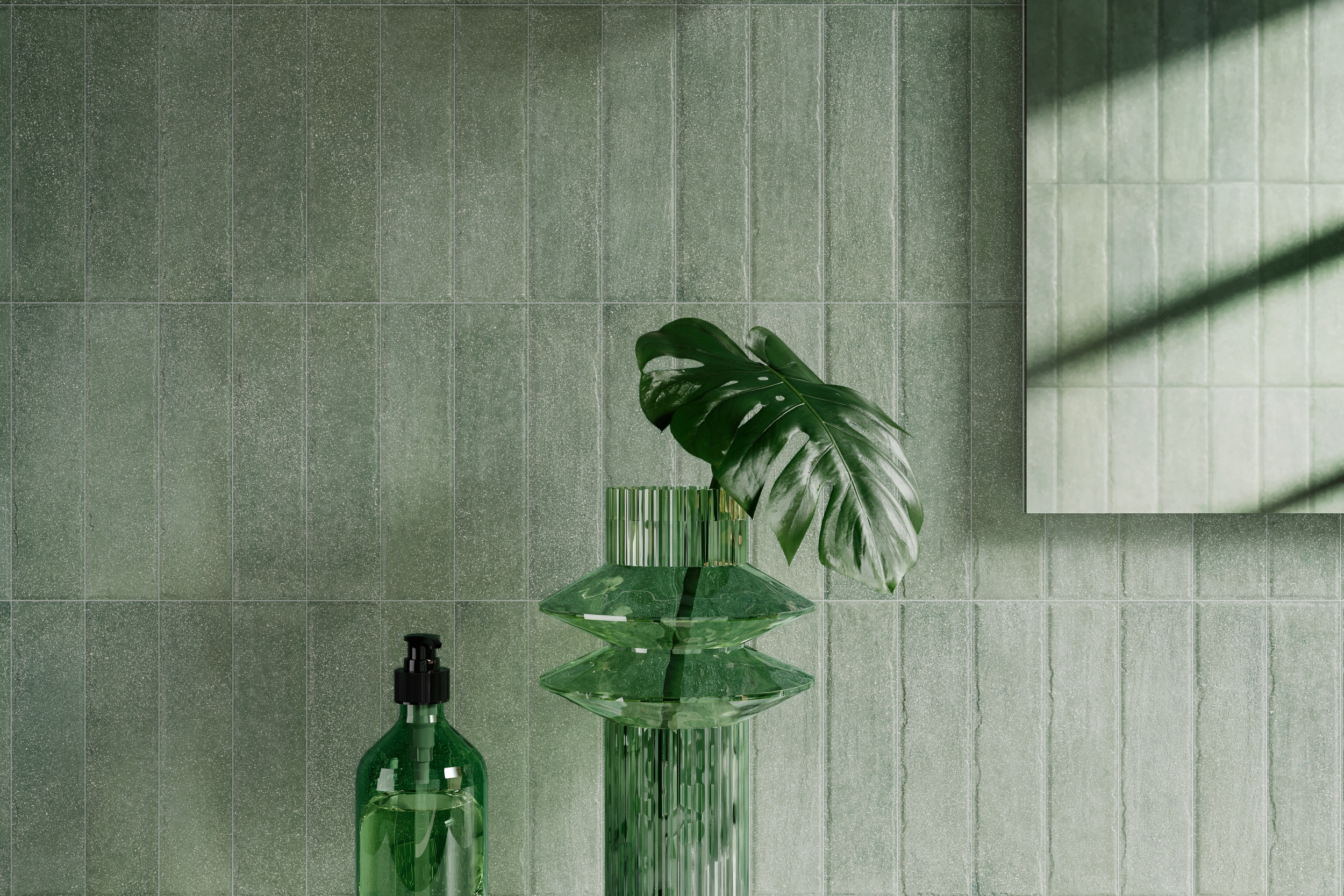 Fliese unregelmäßige Oberfläche 5x20 cm "Tetris Muschio" grün matt Fliese unregelmäßige Oberfläche 5x20 cm "Tetris Muschio" grün matt