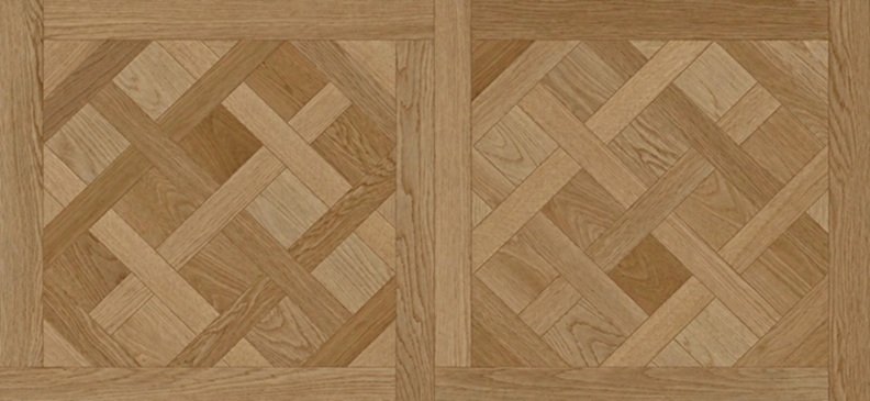 Freisteller des SPC Vinyl Versailles Eiche mit warmer natürlicher Eichenholzoptik, dekorativem Tafelparkett-Muster und klassischer Versailles-Parkettwirkung