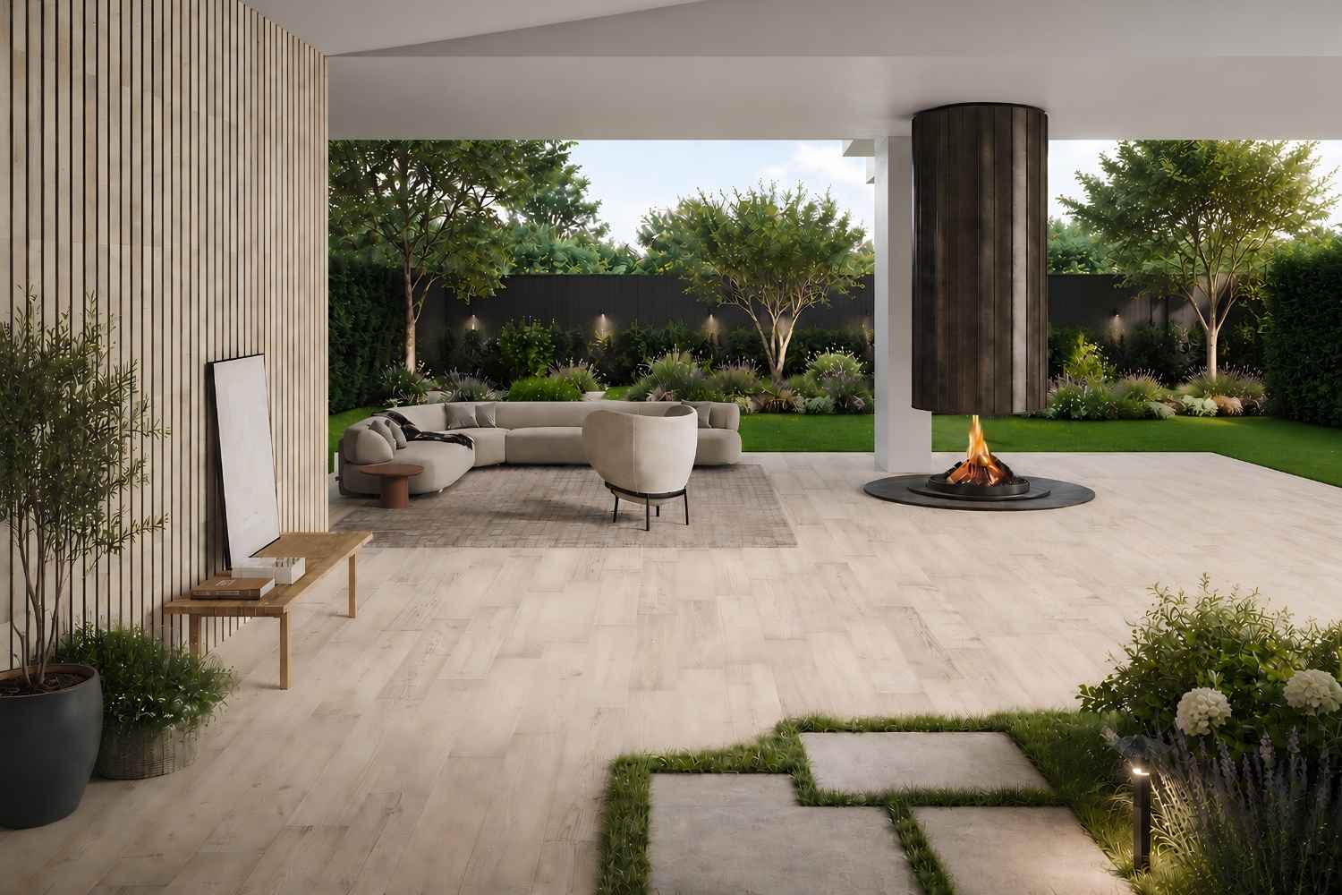 Terrassenplatte Feinsteinzeug Holzoptik weiß-beige 30x120x2 cm "Cortina Almond" rektifiziert