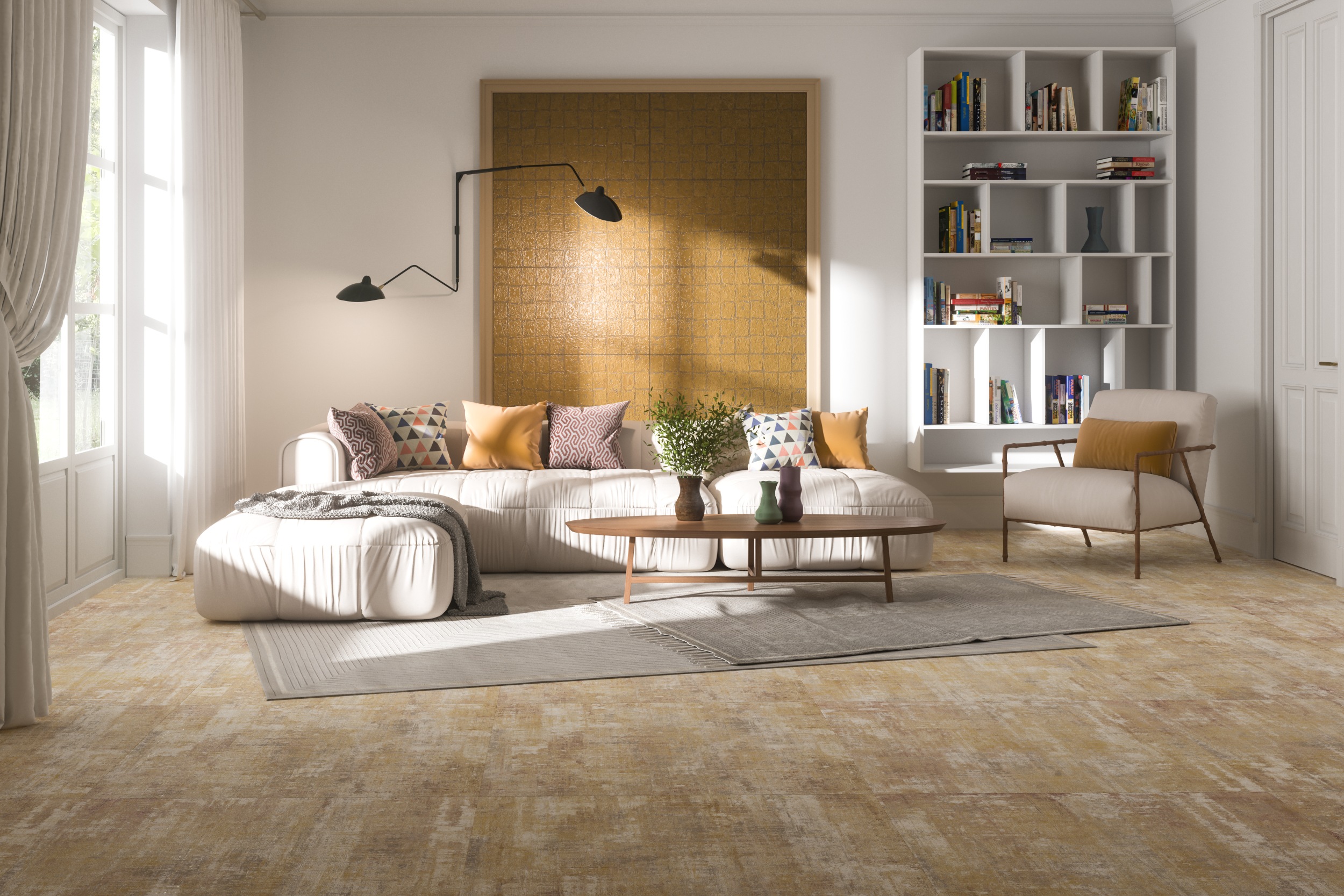 Bodenfliese Aparici Milano Ocre Textiloptik Teppichoptik ocker-gelb im Wohnzimmer Bodenfliese Aparici Milano Ocre Textiloptik Teppichoptik ocker-gelb im Wohnzimmer