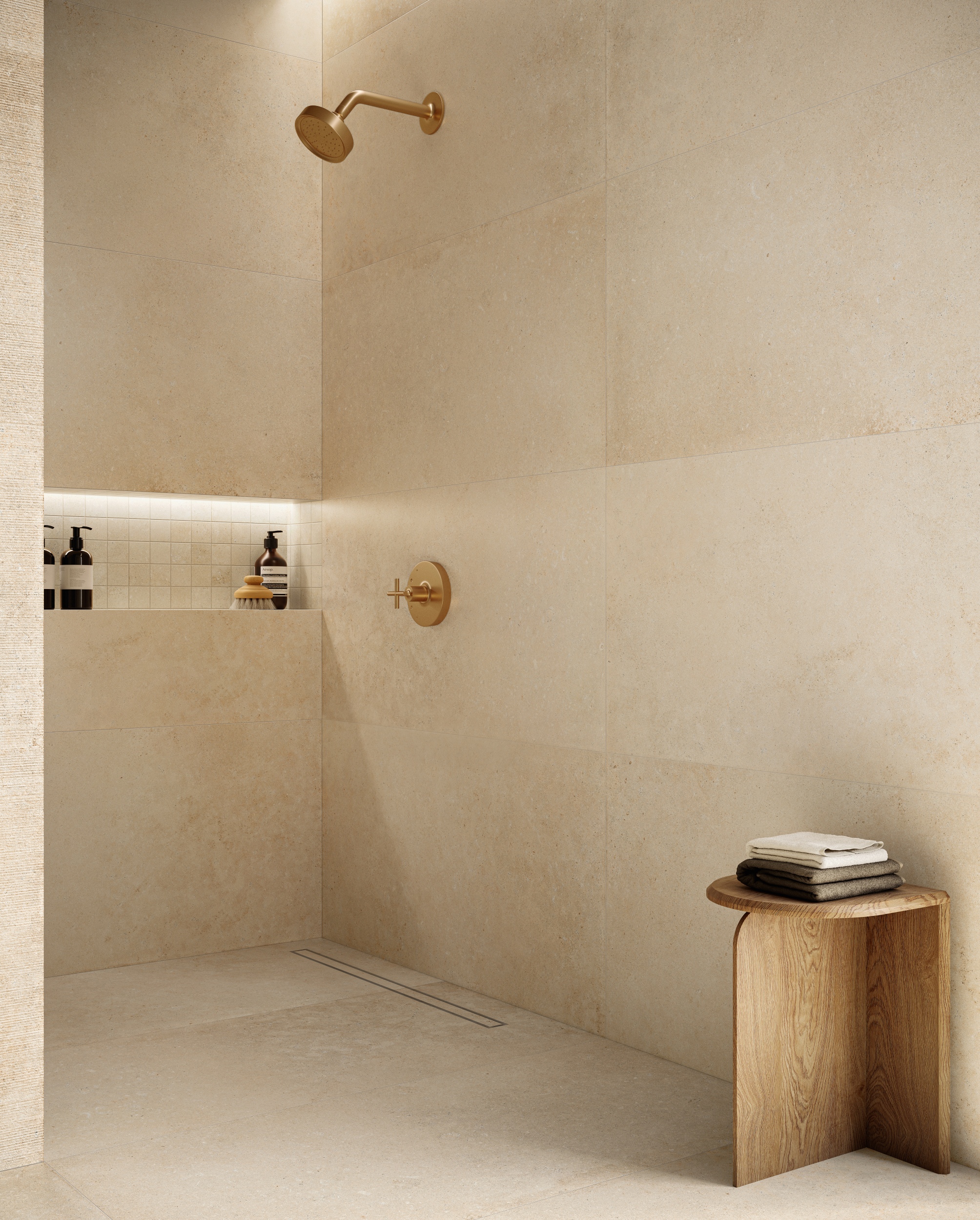 Fliese Steinoptik Unionstone 2 Olimpia Avorio Sant Agostino Natursteinoptik sand beige in der Dusche