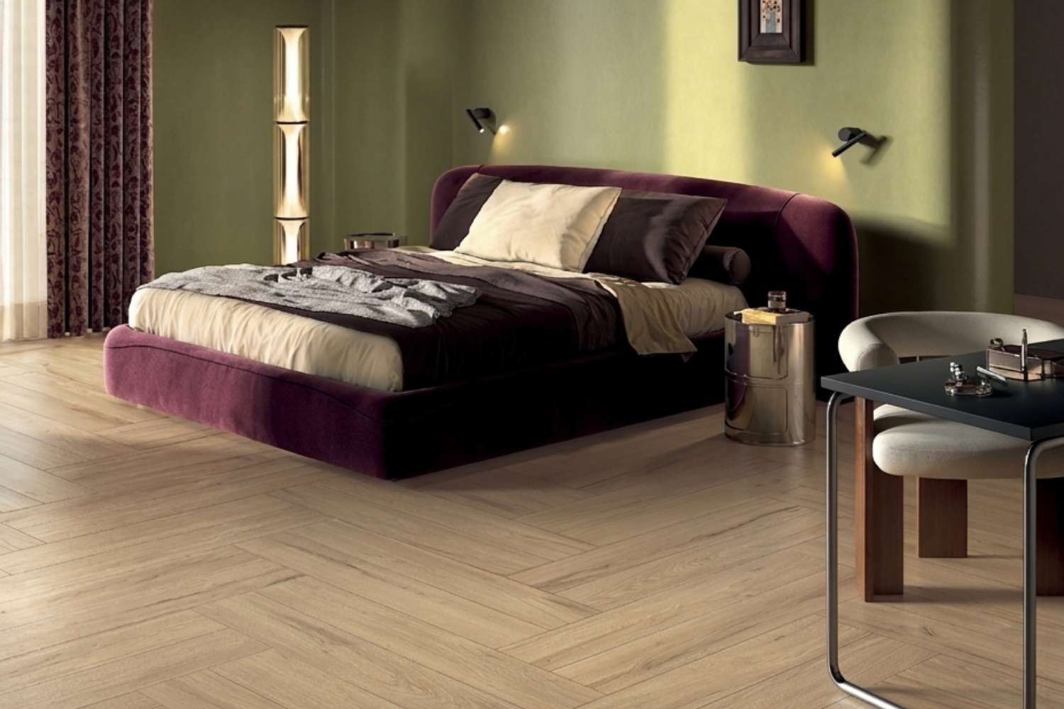 Fliese Holzoptik Eiche hell 20x120cm Schlafzimmer Fischgrätverlegung