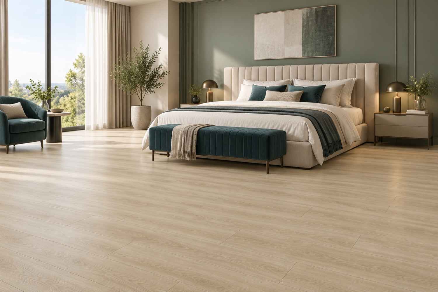 SPC Vinylboden Betulla Natural in warmer, heller Beige-Holzoptik mit feiner Maserung im Schlafzimmer mit cremefarbenem Polsterbett, grüner Akzentwand und petrolfarbener Sitzbank.