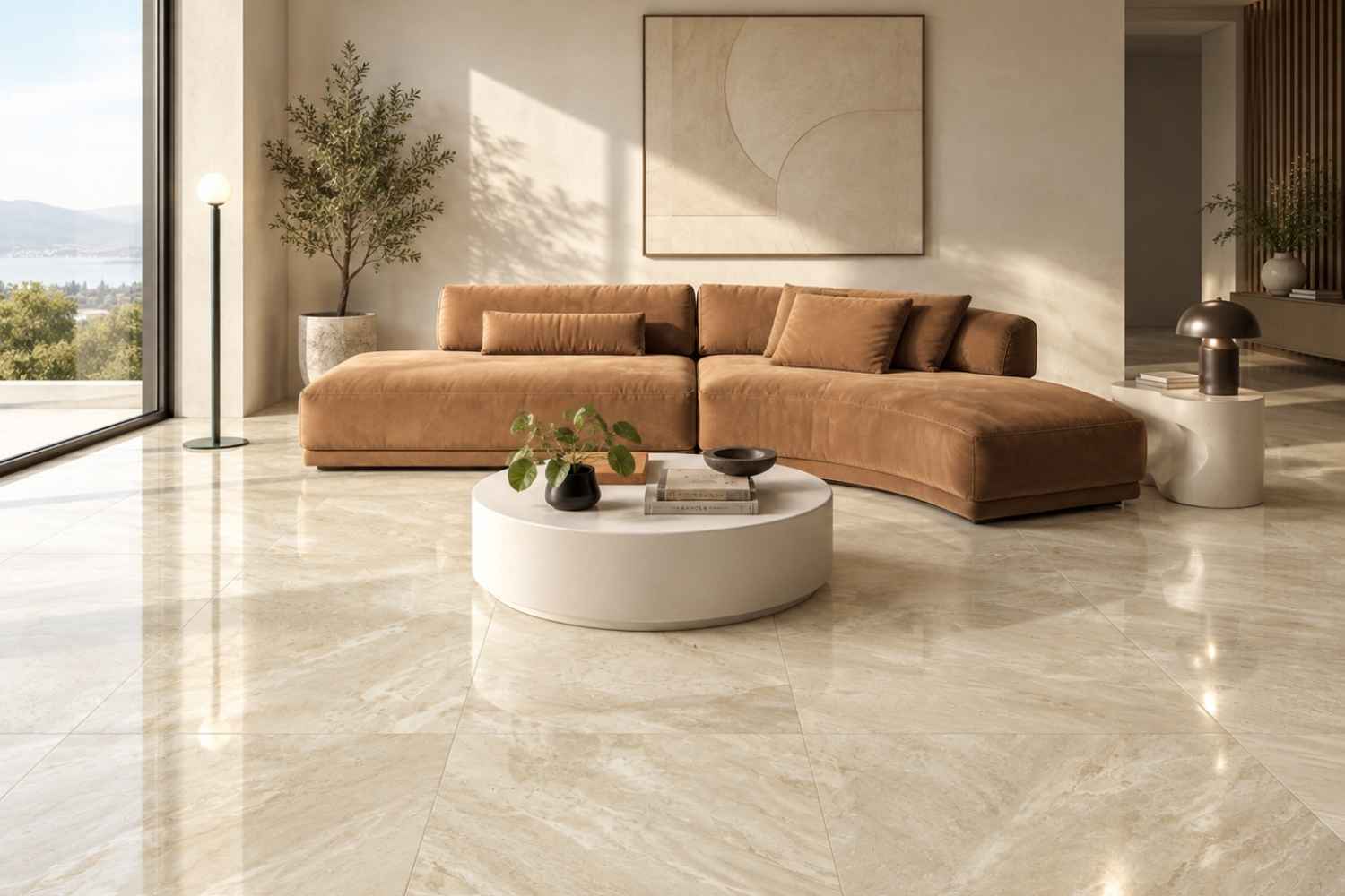 Refin Prestigio Kaleidos Ambra als glänzende Bodenfliese in heller Breccia-Marmoroptik mit warmen Creme-, Beige- und Grautönen in einem modernen Wohnzimmer mit cognacfarbenem Sofa