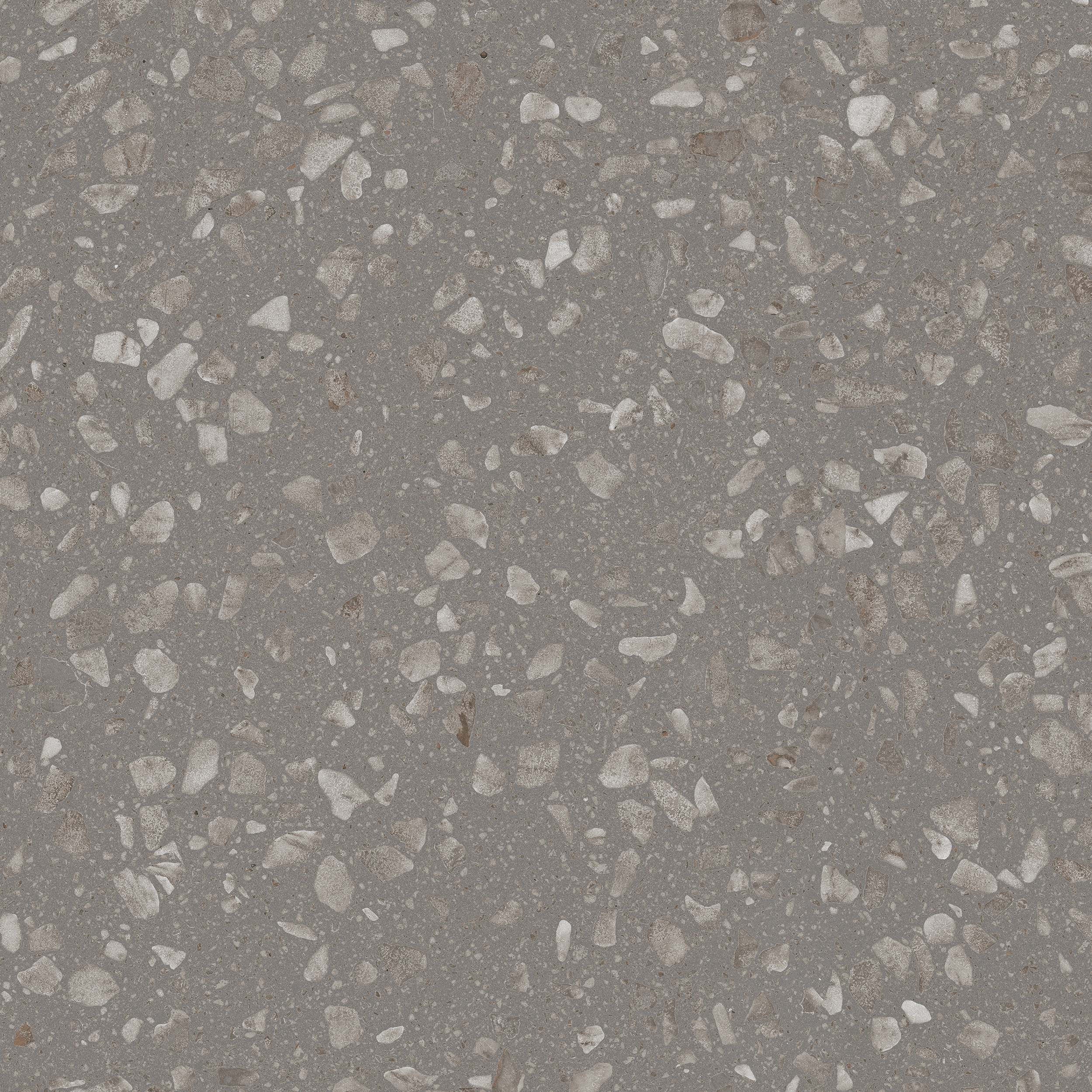 Freisteller der Sant Agostino Glow Grey im Format 60x60 cm mit grauem Grundton und feiner Terrazzo-Optik aus hellen und graubeigen Gesteinssplittern